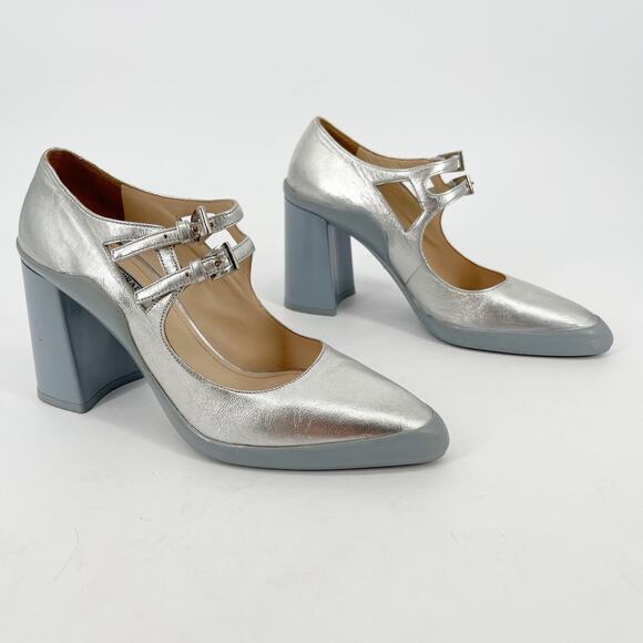 Prada F/W 2015 Silver Metallic Leather Mary Jane Rubber Trim Block Heels IT 37.5 - Picture 2 of 16